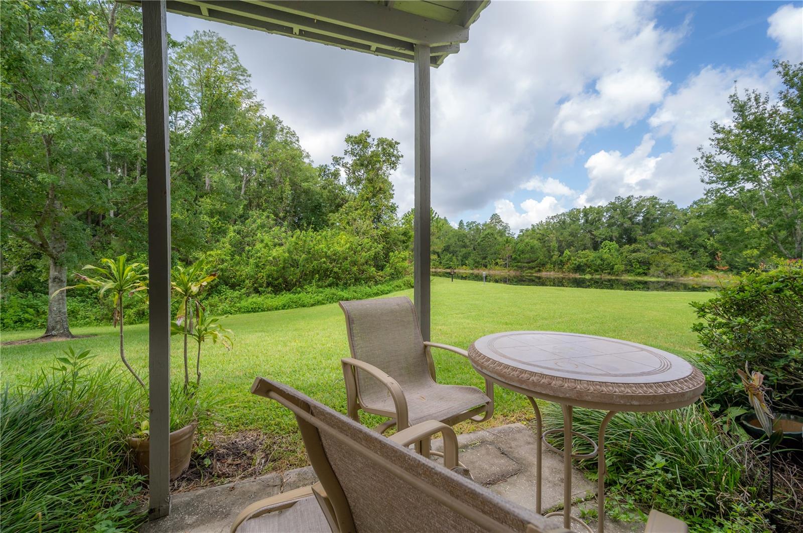 Covered rear patio looks out onto the conservation space a pond in the rear