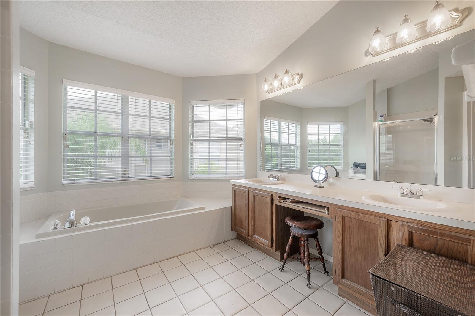 Primary bath with garden tub, separate shower, water closet, and dual vanities