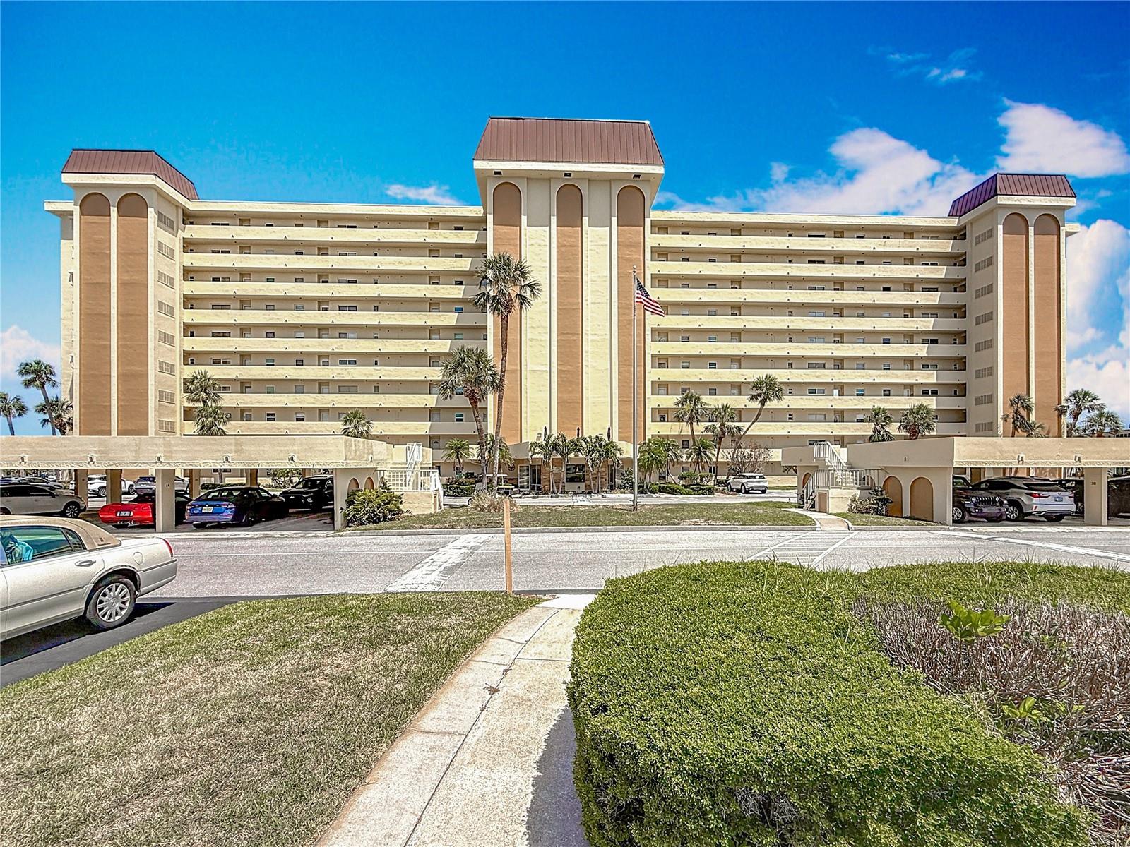 This shows the Columbia building up close and the carports.  This unit comes with Carport #29 which is very close to the entrance to the elevator and building.