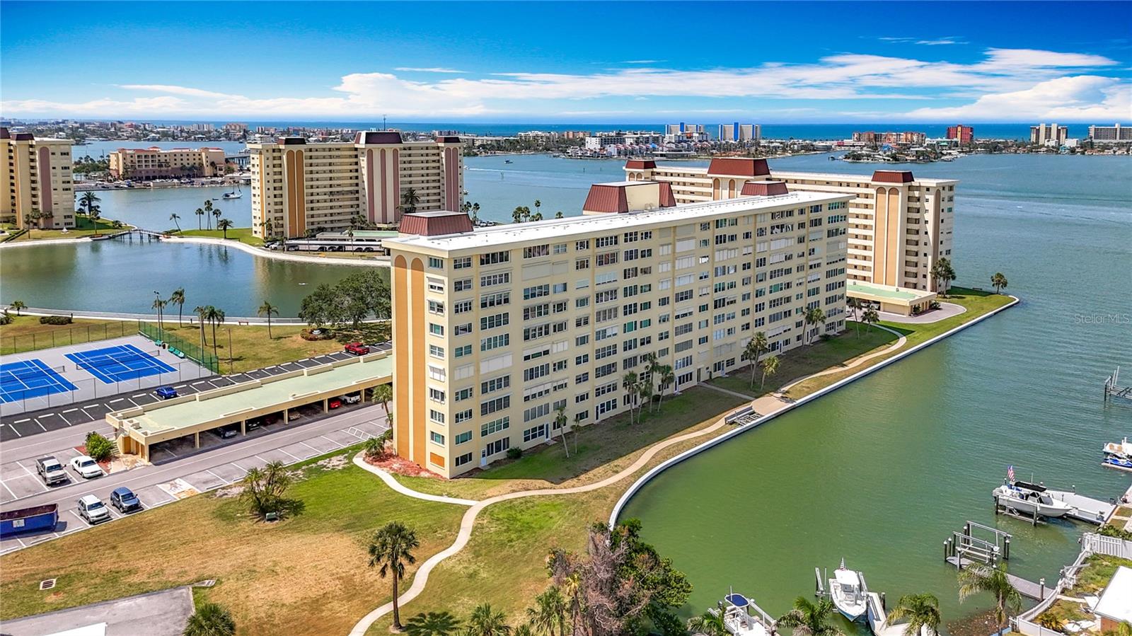 Aerial view of the back of the Columbia building and a view of the carports.