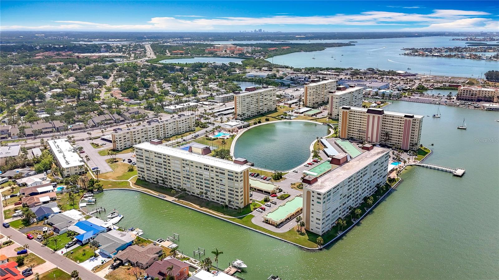 Aerial view of the back of the Columbia building and the other buildings in Sea Tower.