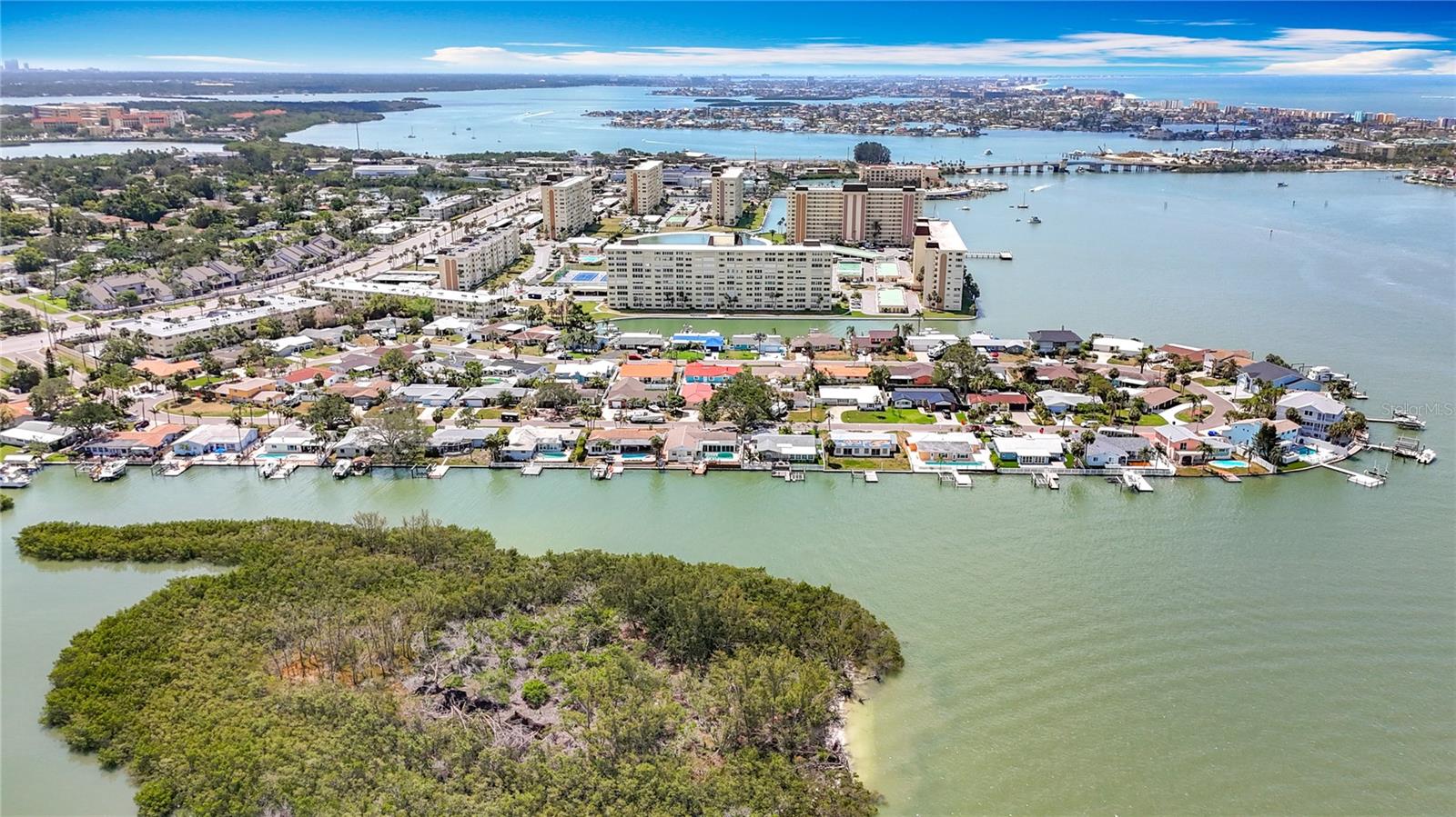 This is the aerial view showing the back of the condo and great views it offers of the water while still being up high and protected from flood waters.