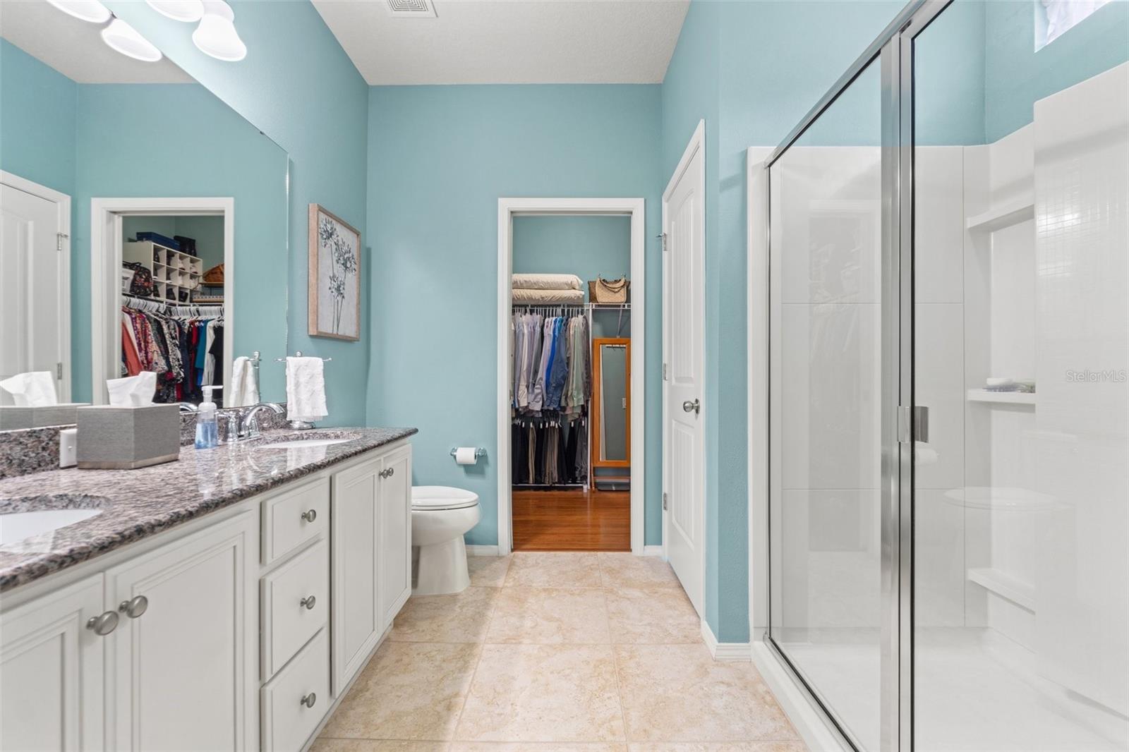 The Master Bath has double sinks with lots of counter space & a linen closet.