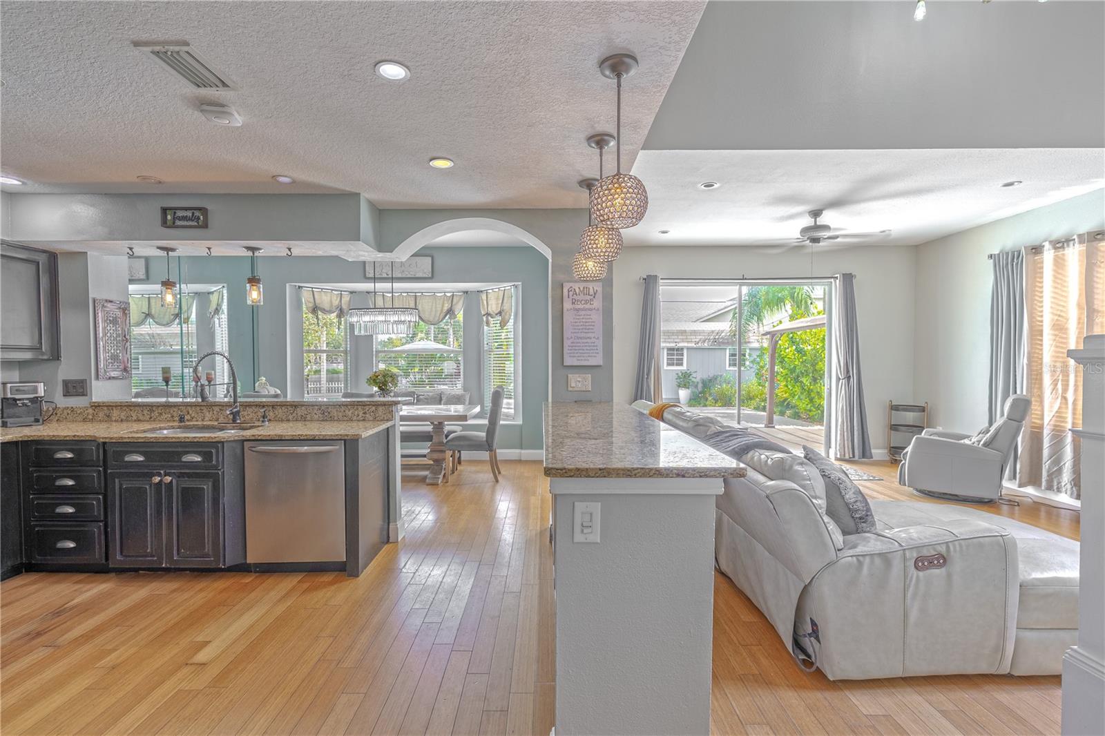 This open-concept floor plan offers exceptional flow and connectivity between the kitchen, dining, and living spaces—perfect for modern living and effortless entertaining. The kitchen anchors the heart of the home with rich granite countertops, espresso-finished cabinetry, and a wraparound peninsula with bar seating beneath stylish pendant lighting.From the kitchen, arched architectural pass-throughs lead to a bright dining area framed by a bay window, bringing in abundant natural light. Mirrored wall accents expand the sense of space, while recessed lighting and contemporary fixtures tie the design together.The living room unfolds just beyond, with bamboo flooring continuing seamlessly throughout. Oversized sliding glass doors open to the backyard and pool area, creating an easy indoor-outdoor lifestyle.