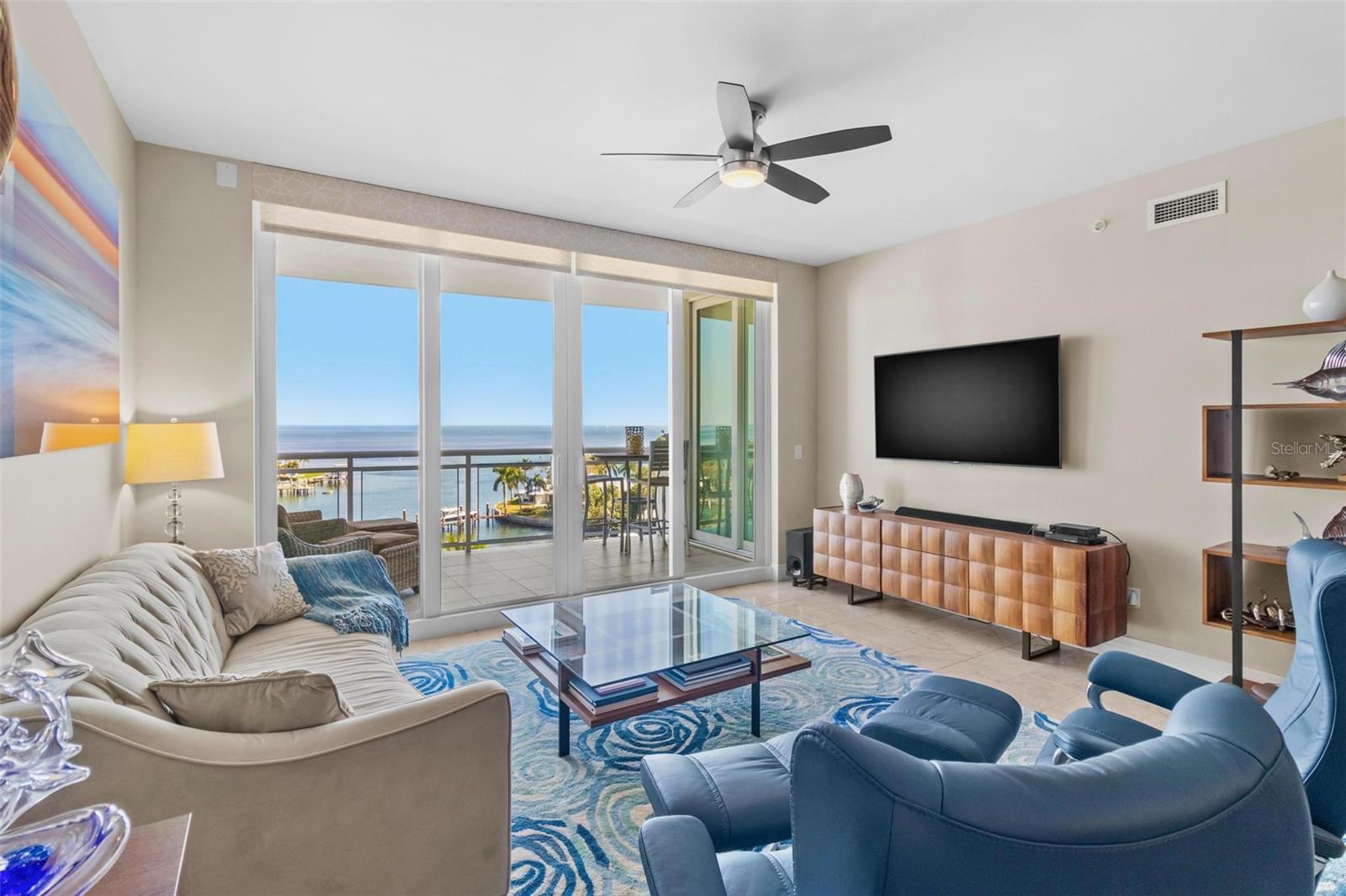 Living Room with direct Tampa Bay view.