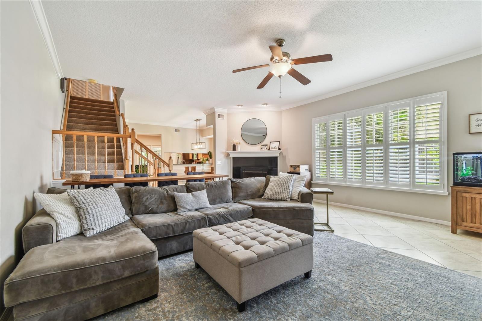 Shutters and wood burning fireplace