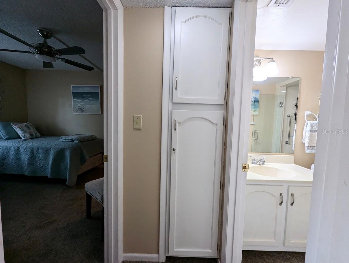 Secondary bedroom with access to second bath and linen closet. Pocket door creates ensuite