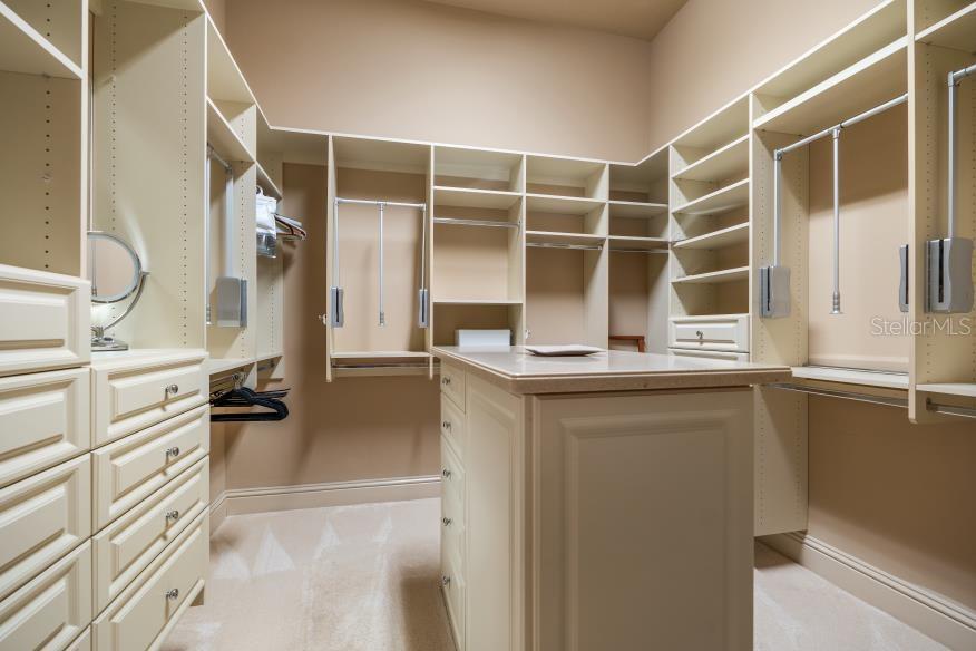Closet with Island, extra drawers & custom two-tier hanging space