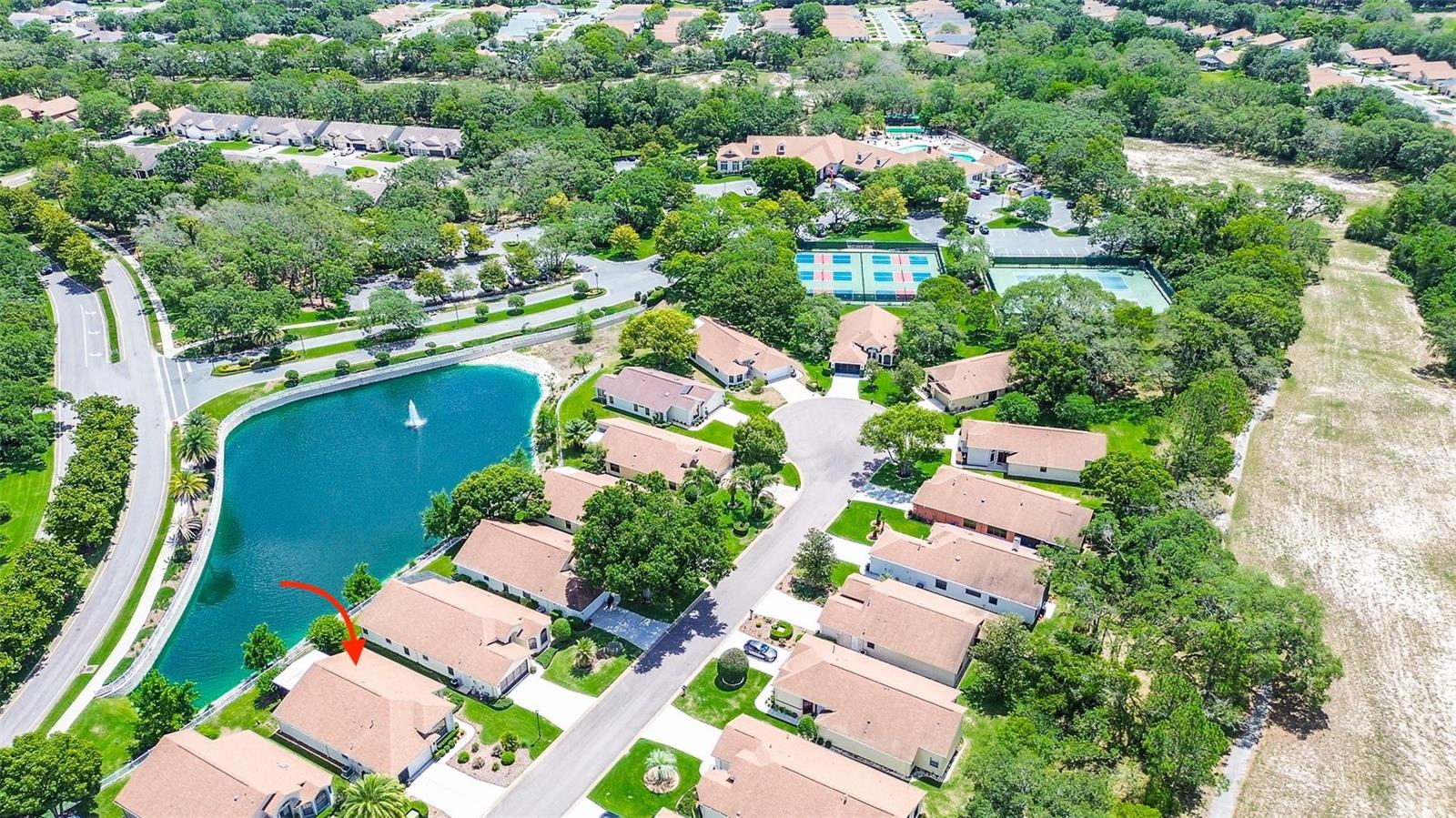 Aerial view of house  and Pond with Clubhouse and Facilities.