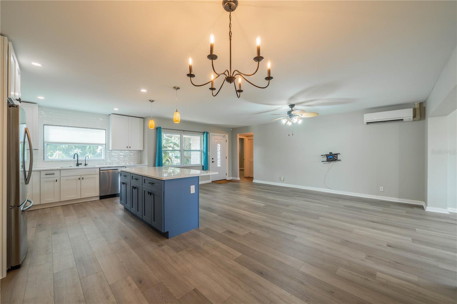 Kitchen and living room.