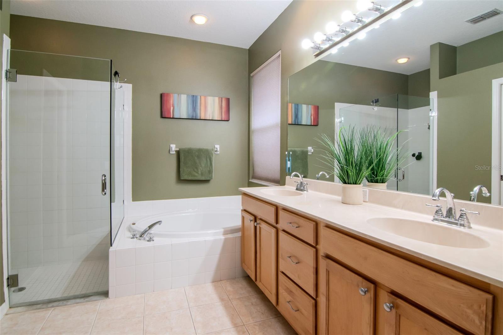 En Suite Bathroom with dual sinks, soaking tub and updated shower enclosure