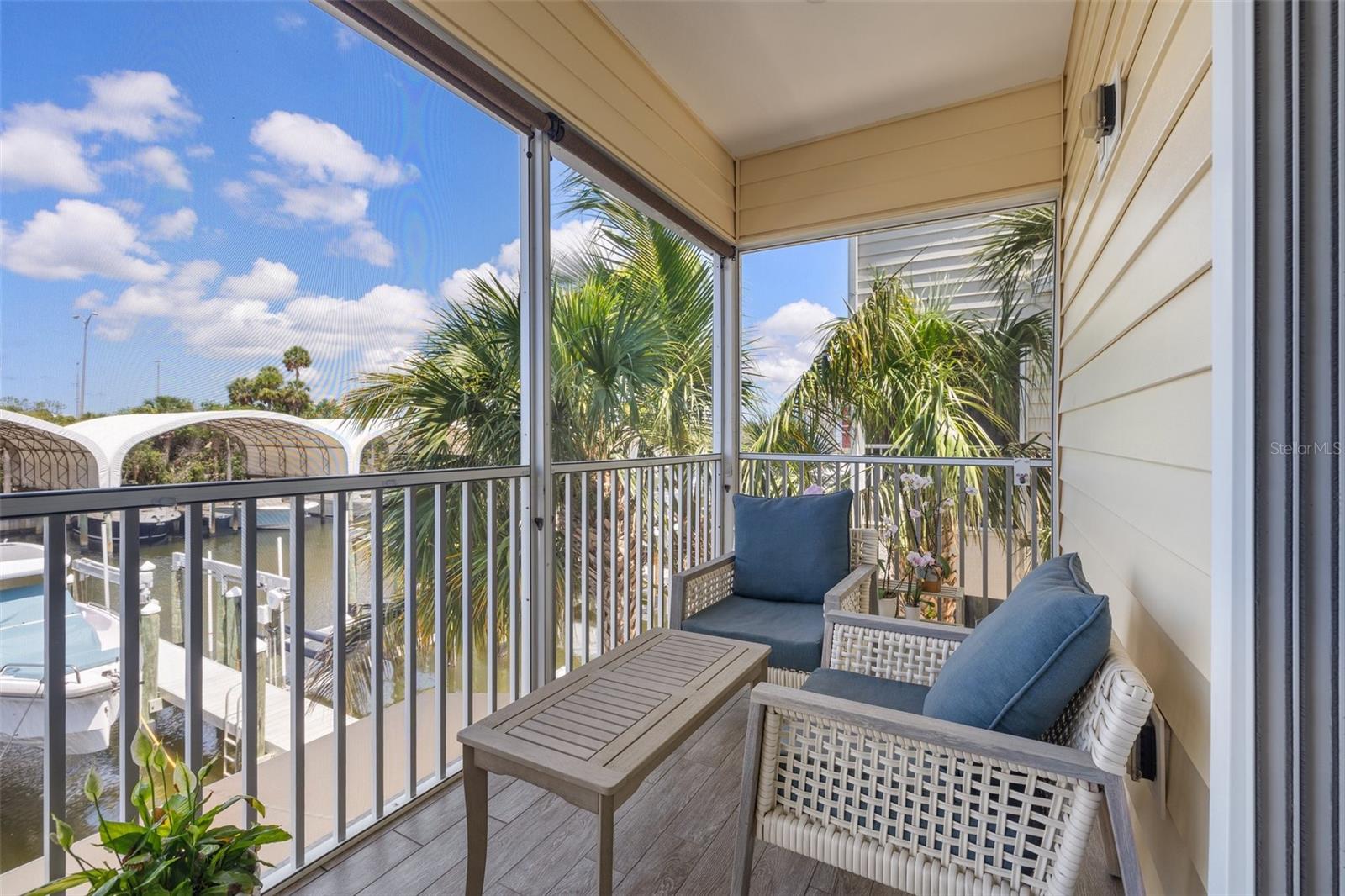 Screened balcony with water views