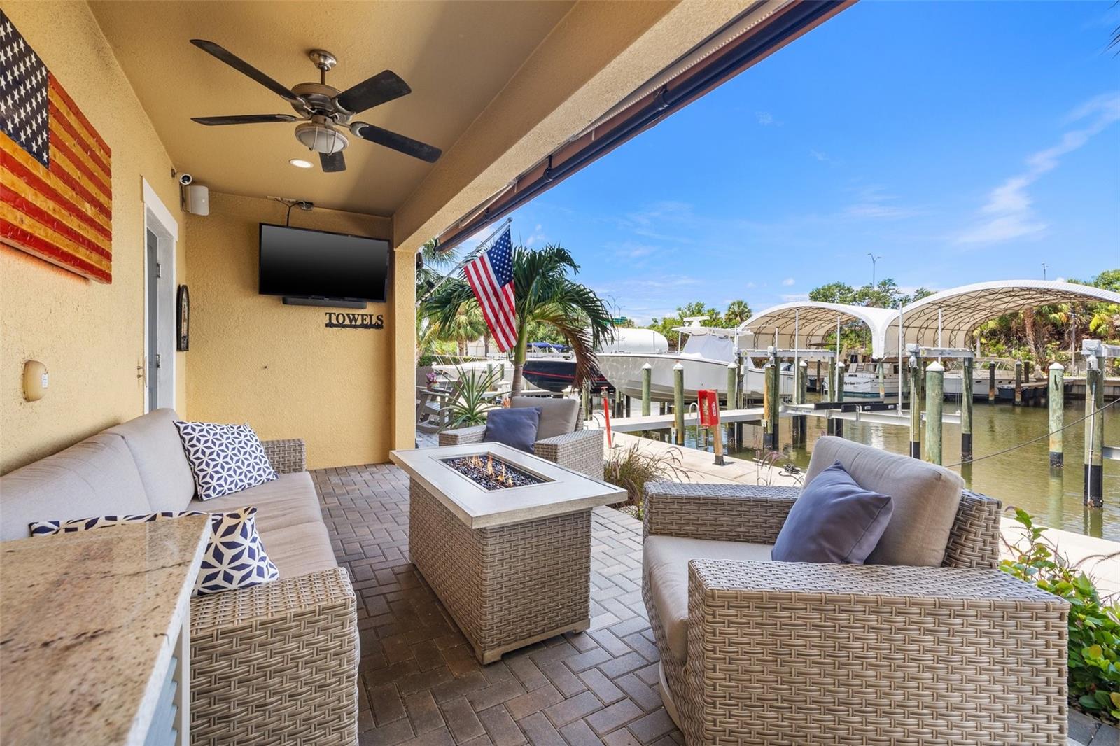 Brick paved patio overlooking marina