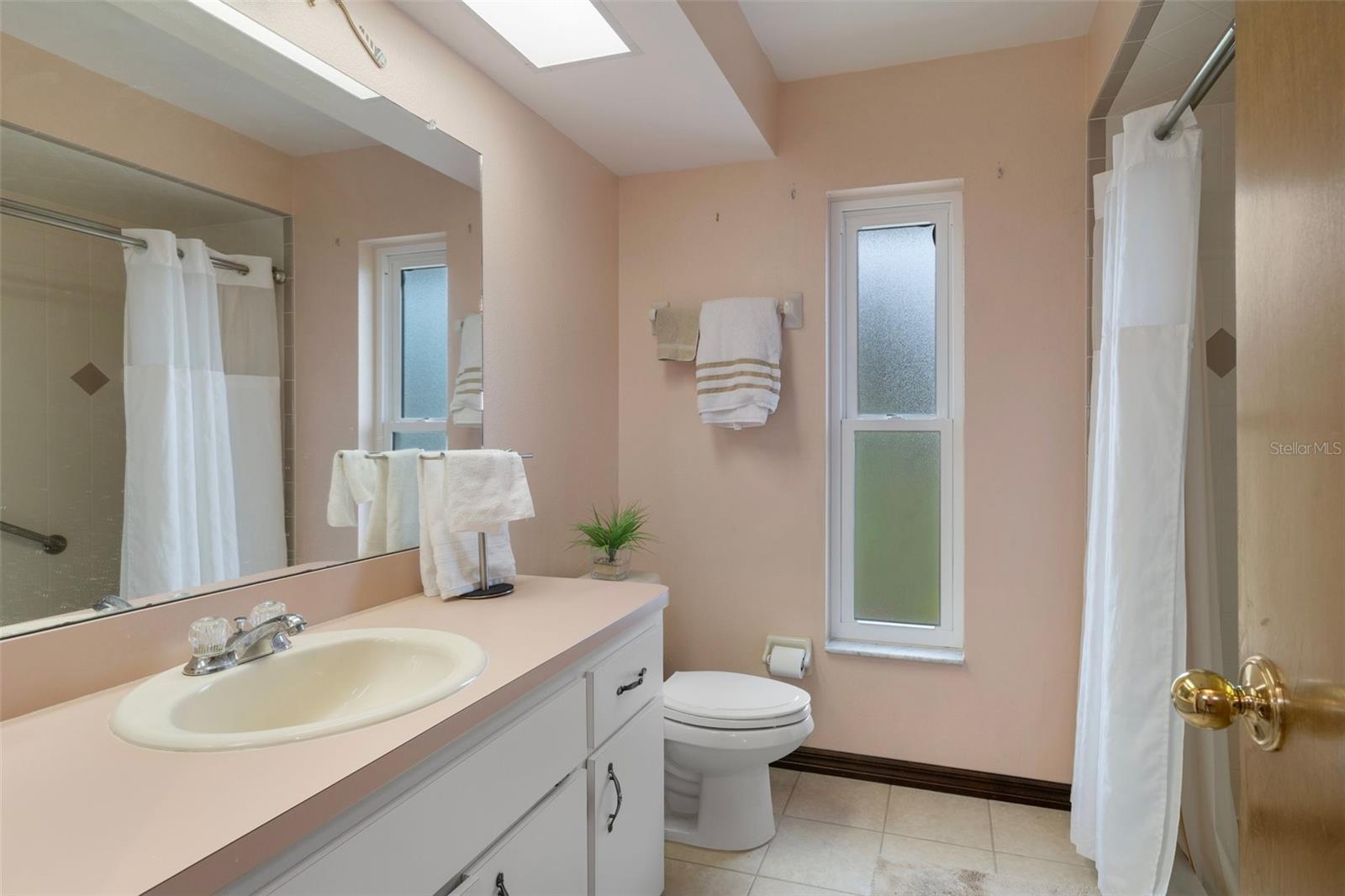 The Guest Bathroom has a large vanity and step-in shower