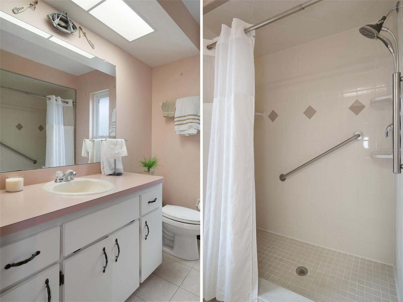 Guest Bathroom Vanity and the step-in shower
