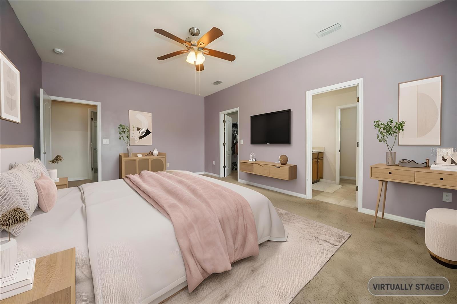Virtually staged bedroom illustrating scale and layout possibilities.