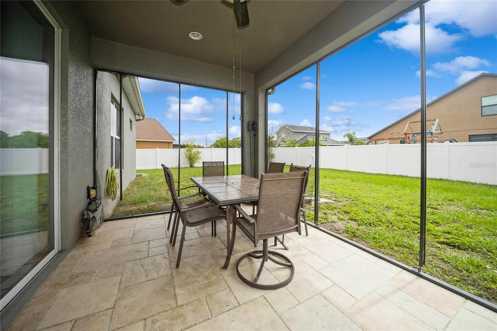 Covered patio area with backyard views