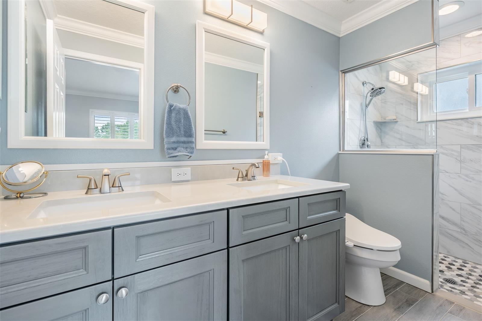 New vanity, lightig and raised commodes...AWESOME SHOWER remodel!