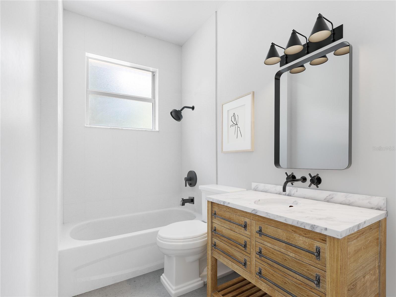 Rendering of guest bathroom for  illustration purposes.