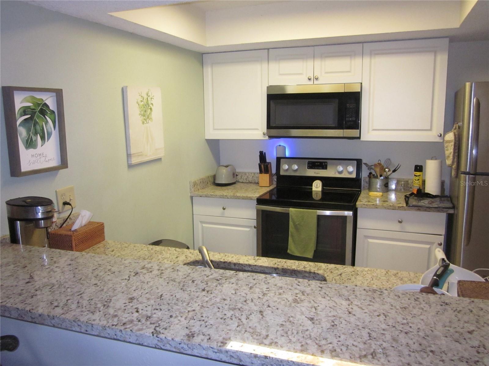 Kitchen with granite counters, stainless steel appliances & raised ceiling