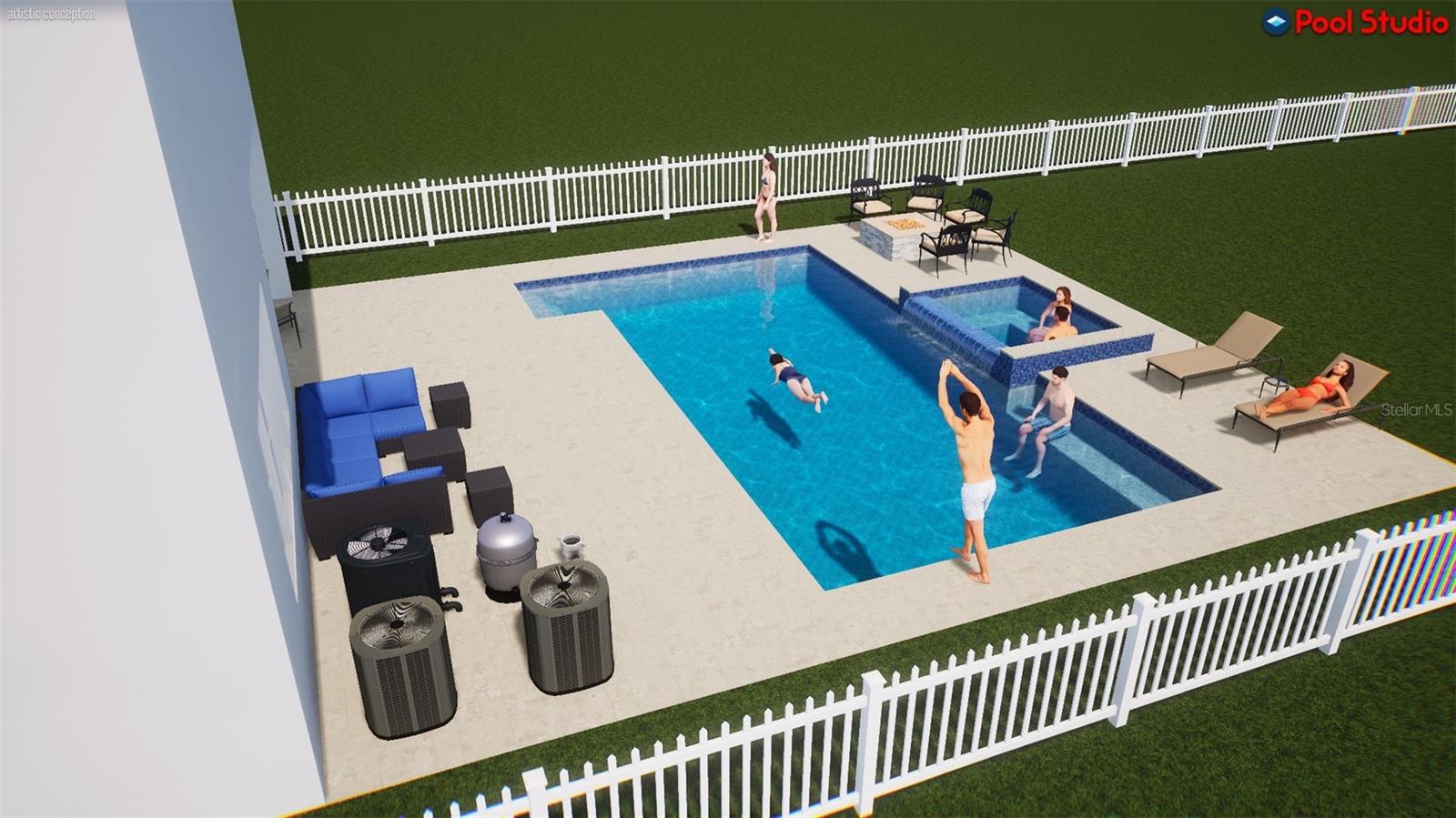 Pool rendering with spa and outdoor entertaining space
