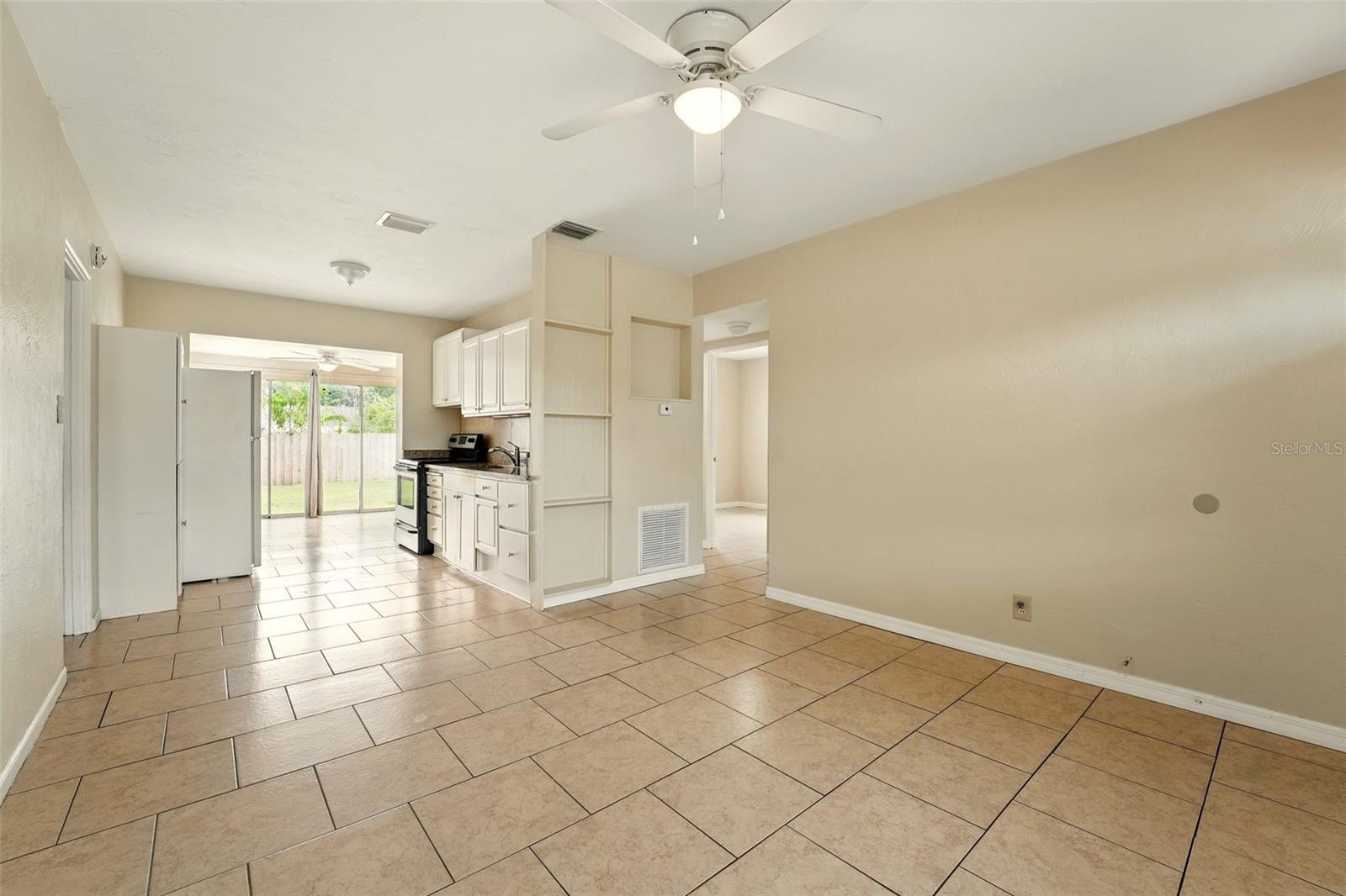 Living Room, Kitchen, Back yard view