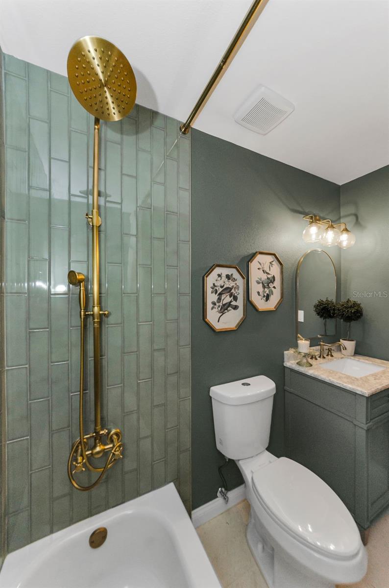 GORGEOUS SAGE VANITY WITH QUARTZ COUNTERTOPS