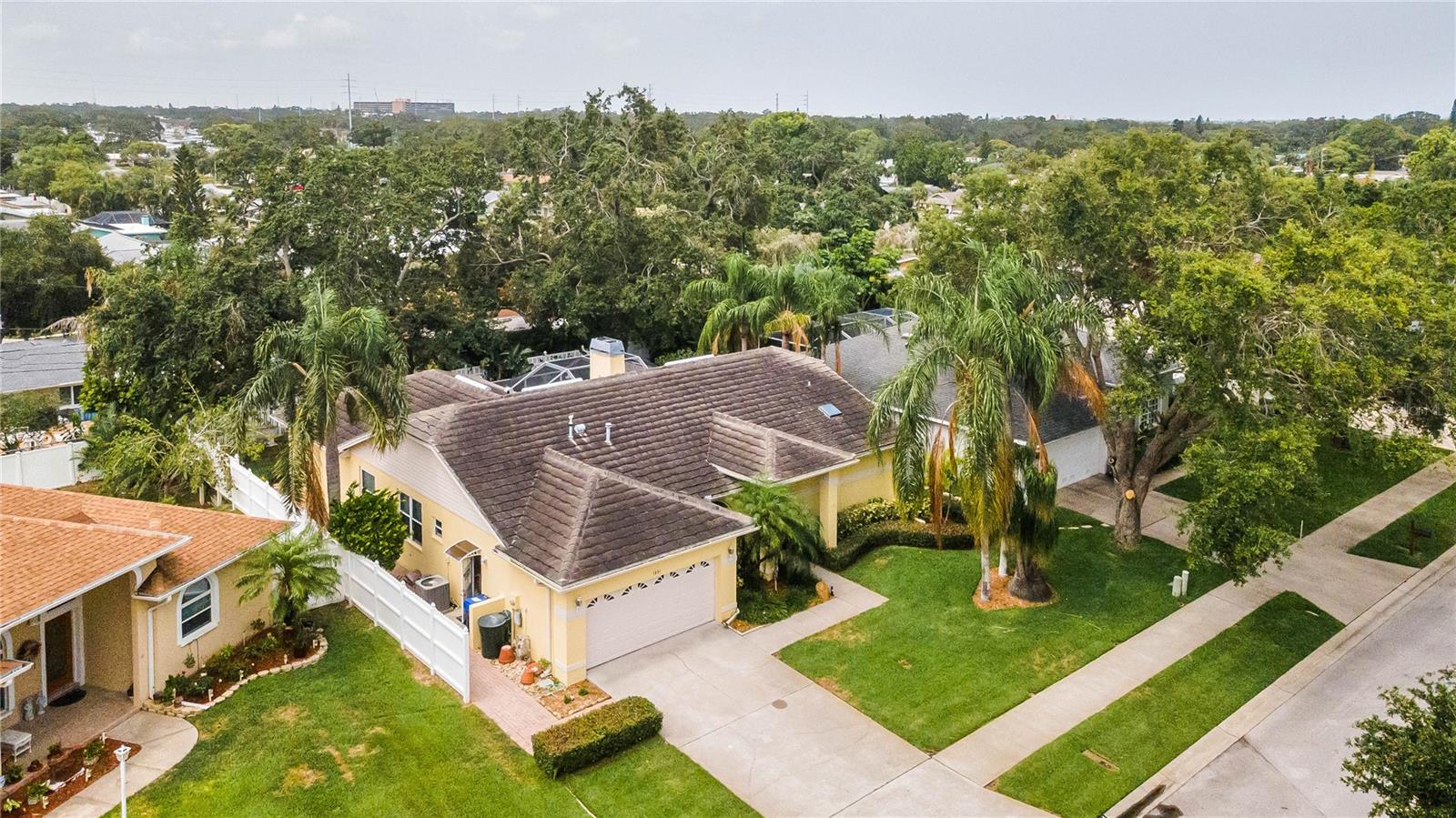Arial view of cement tile roof, installed in 2015 and has a 50 year warranty.