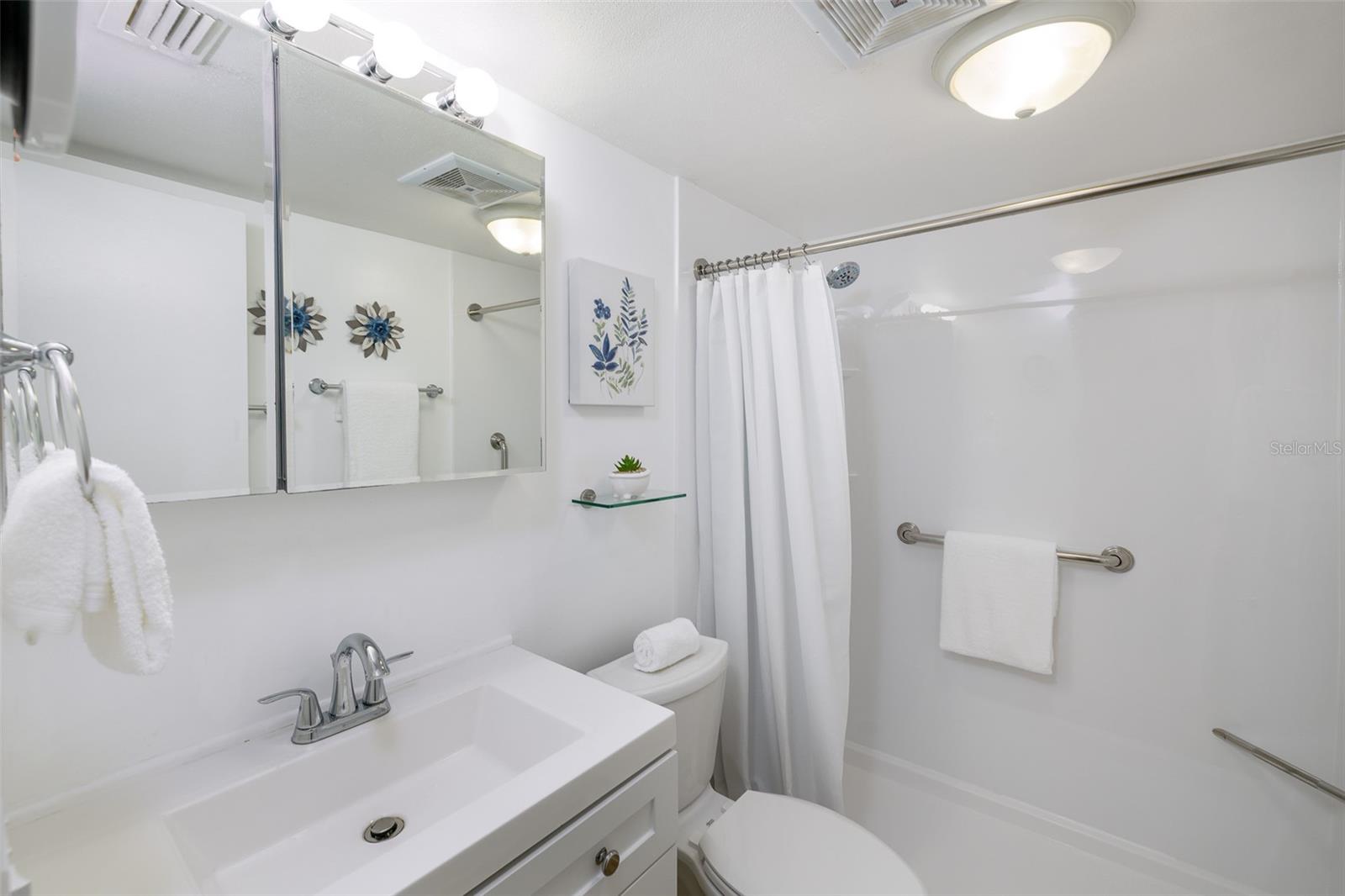 The bathroom features a brand-new walk-in shower with grab bars, modern fixtures, an exhaust fan, and bright lighting for everyday ease.