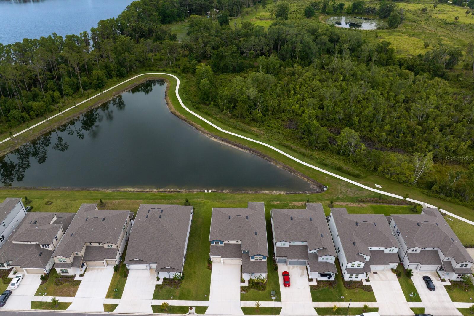 Aerial view of the pond with the lake setting the background
