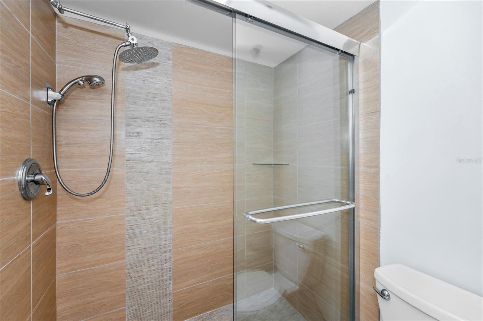 .. Remodeled Guest Bath With Walk In Shower.. Contemporary Design Vanity & Sink