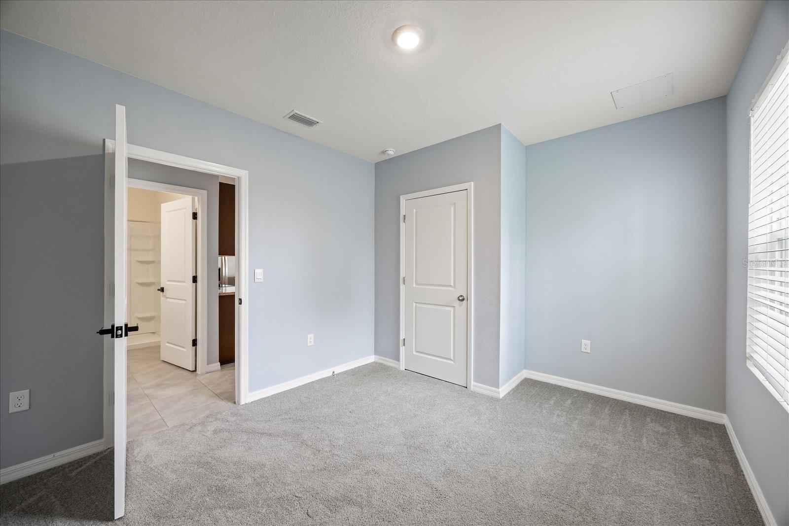 Lower level bedroom with access to full bathroom across the hallway