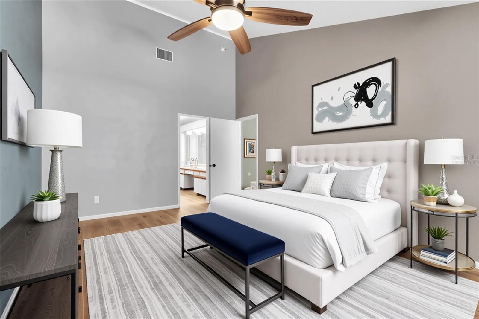 Virtually staged primary bedroom different layout