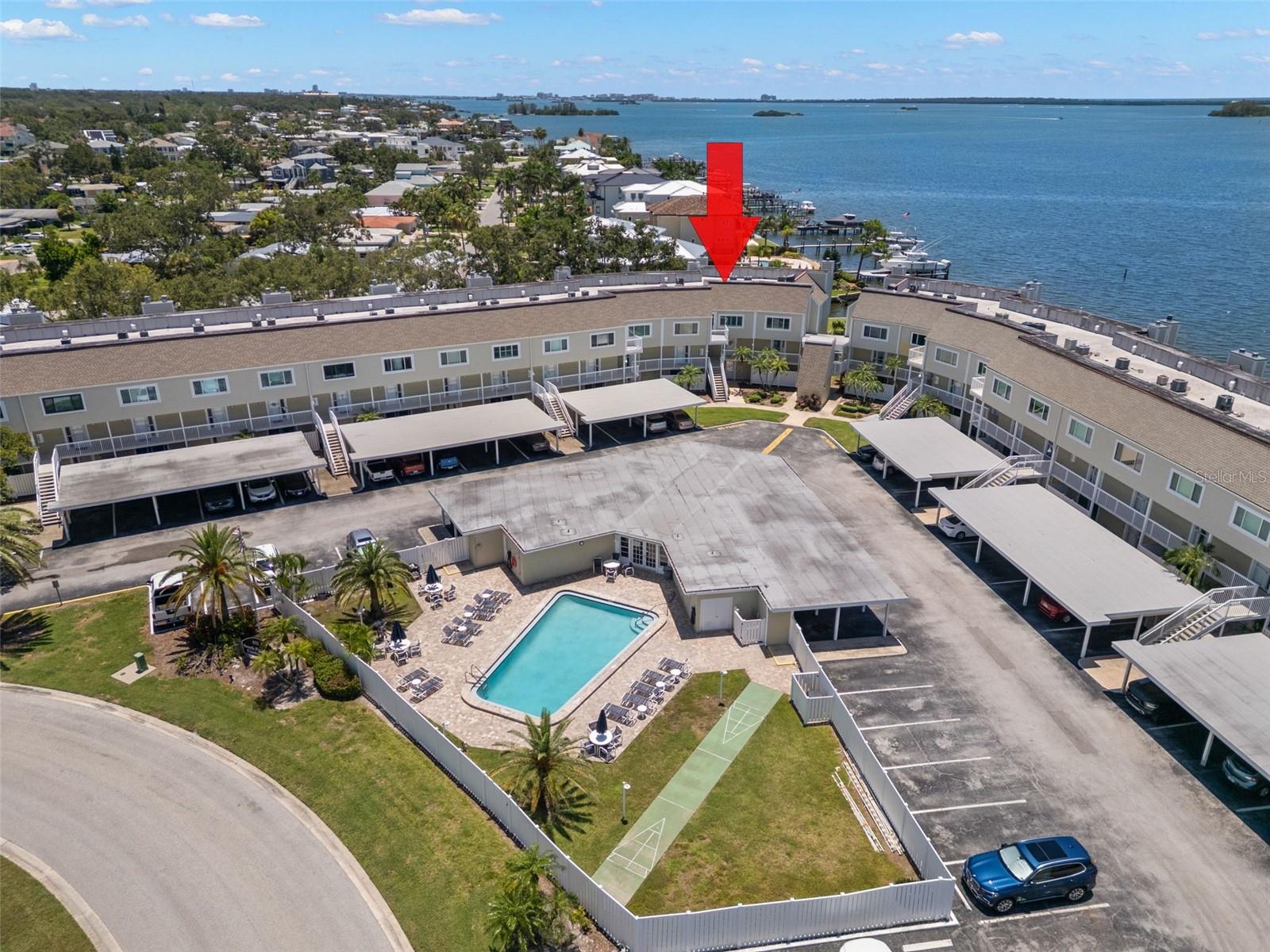 One covered parking spot and storage. Great views of Gulf of Mexico and Caladesi Island.