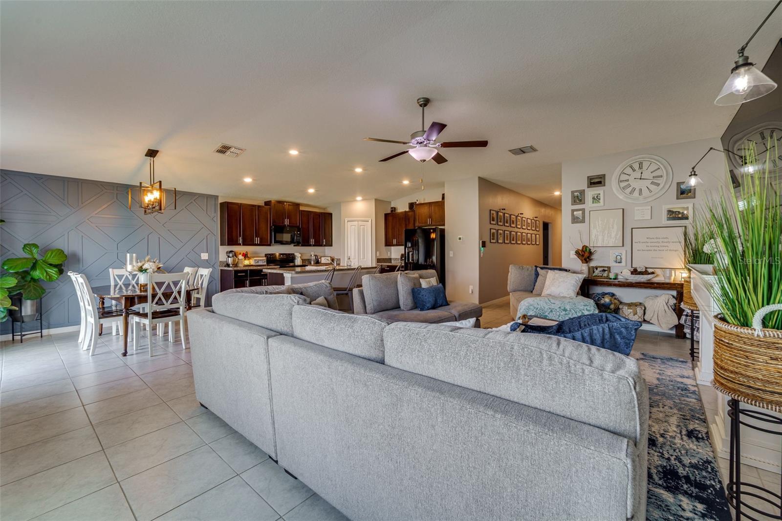 Family room with view of dining room and kitchen