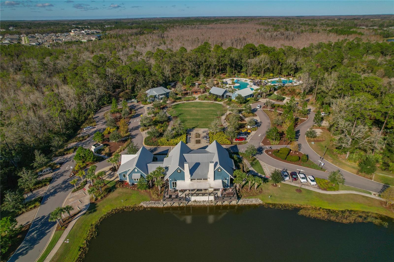 Aerial of Main Amenity Area showing the pool, fitness, and clubhouse