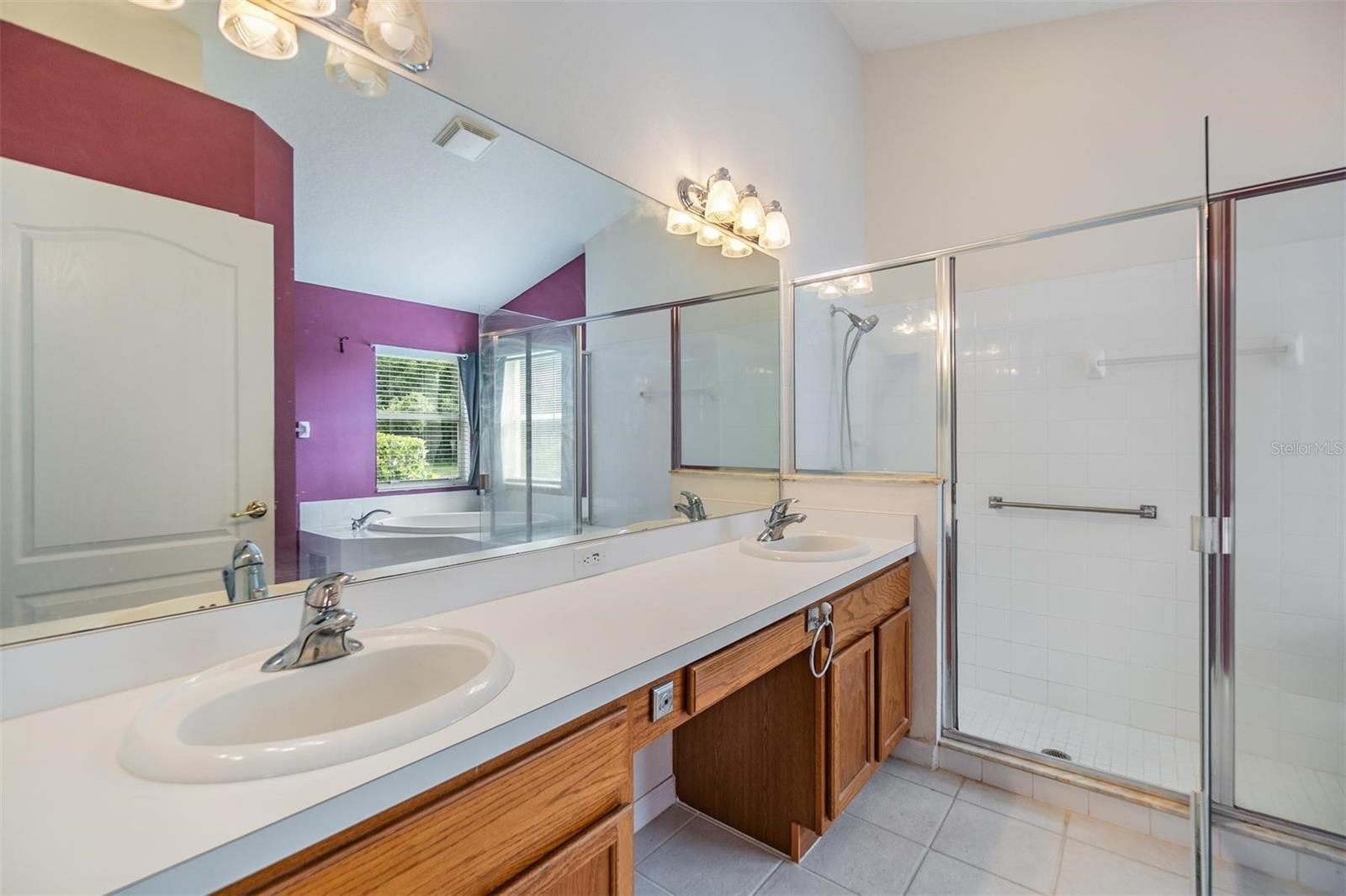 Double vanity and step-in, oversized shower