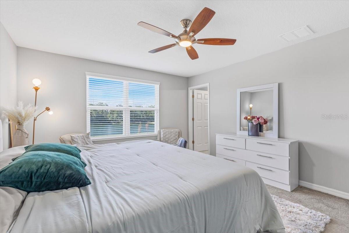Large primary bedroom with ceiling fan and tranquil views