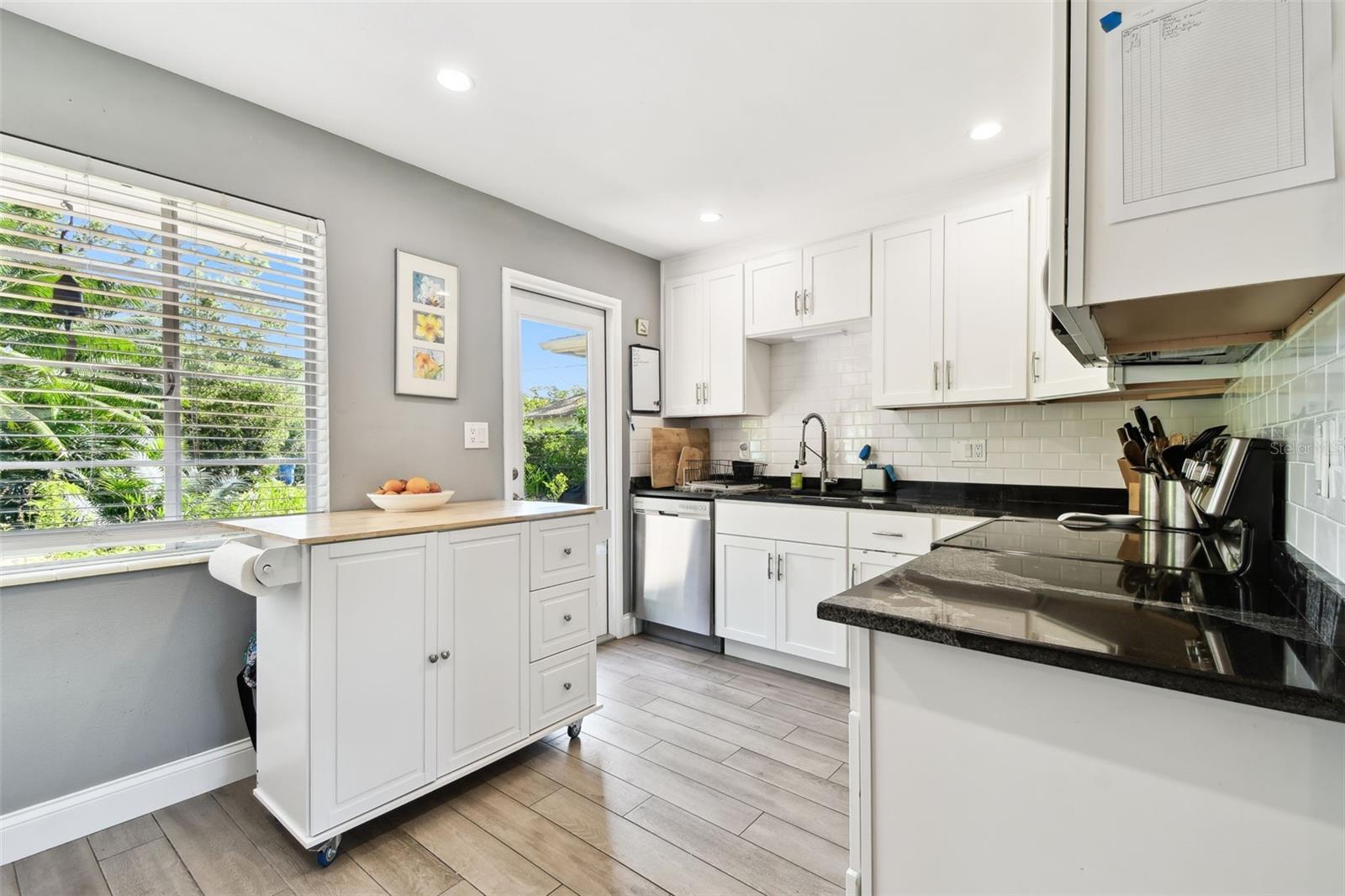 Bright and sunny, remodeled Kitchen with stainless appliances, granite counter tops and shaker cabinets. See through back door lets in natural light.