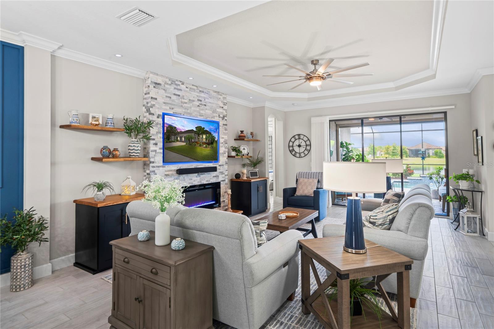 Tray ceiling feature in living room