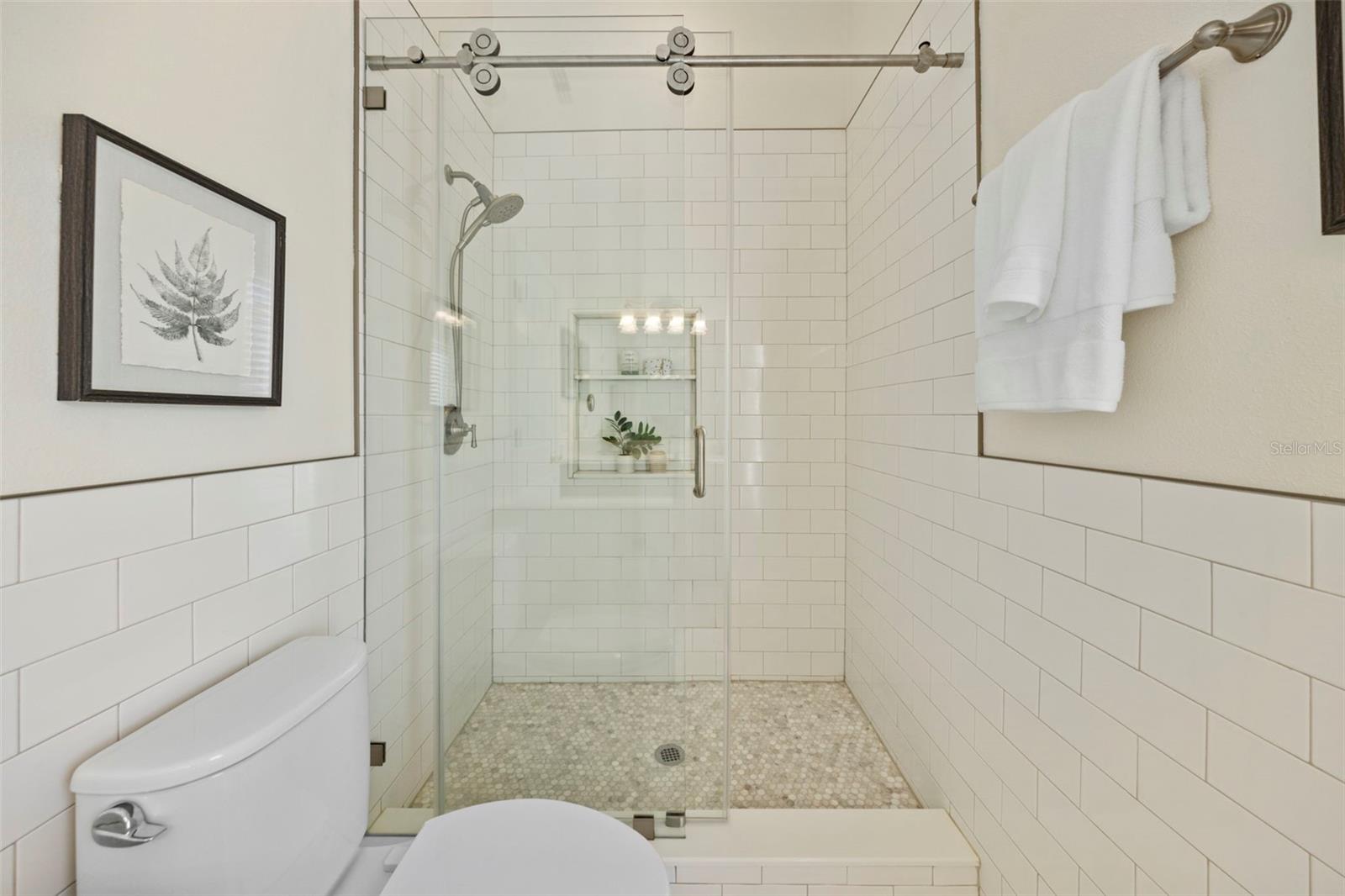 Remodeled pool guest bathroom.