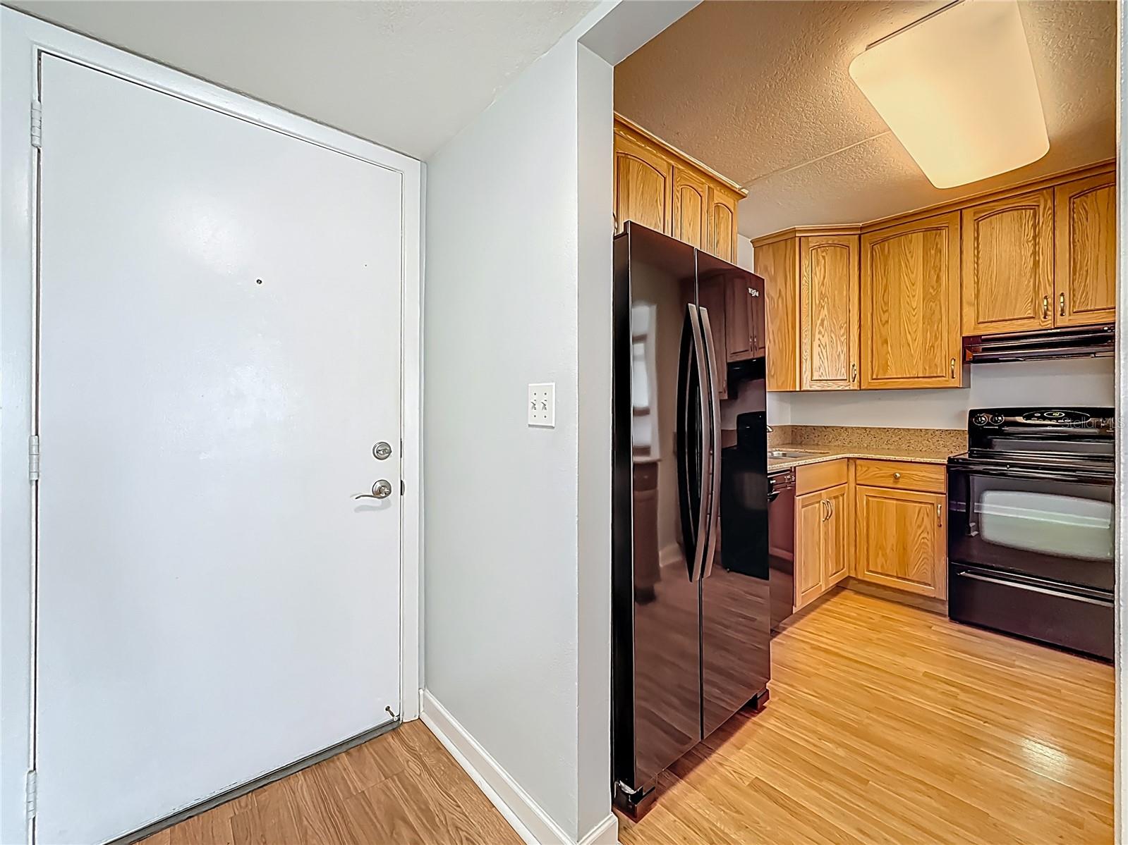 This pictures depicts your front hallway that leads into the kitchen.  Notice you have enough space for a larger size refrigerator = another great aspect of this condo.