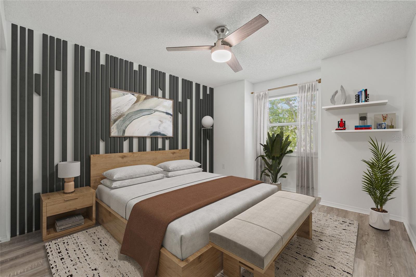 Virtually Staged Second Bedroom. This virtually staged image highlights how the spacious second bedroom can serve as a stylish guest room, home office, or peaceful haven, depending on your needs.