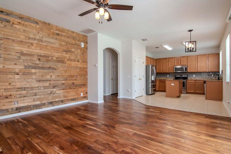 Family Room to Kitchen and Casual Dining area.