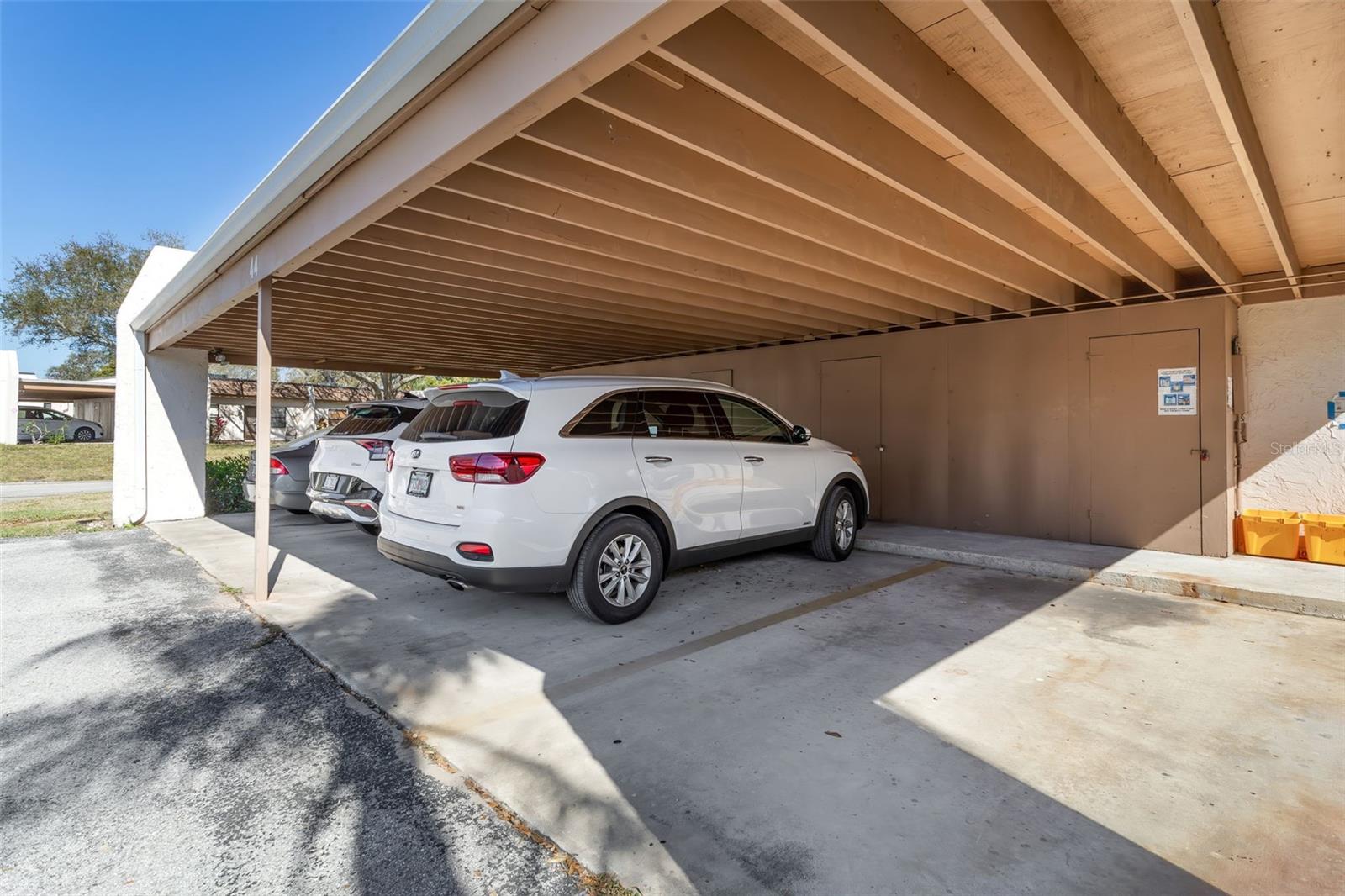 Empty spot is the assigned parking and the storage is infront of that.
