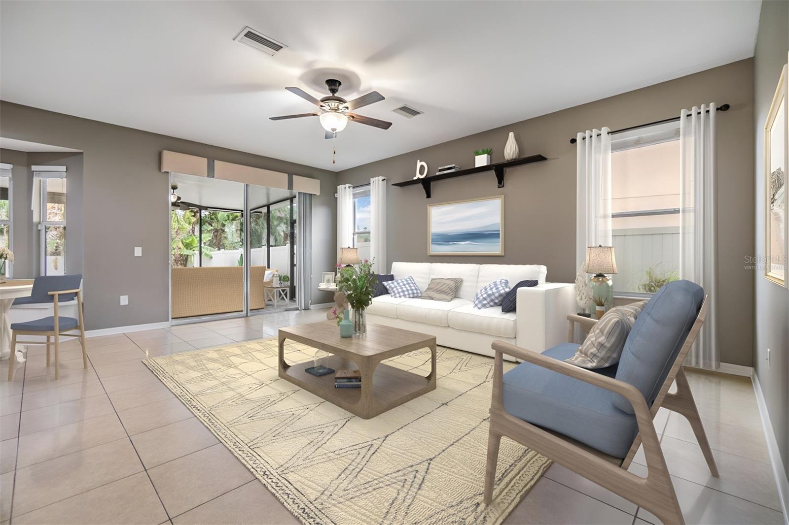 Expansive living room with easy-care flooring. Virtually staged