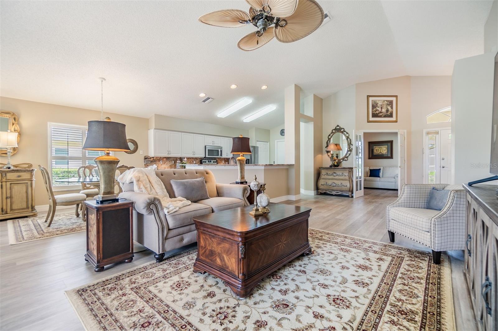 Great room with dining and kitchen view