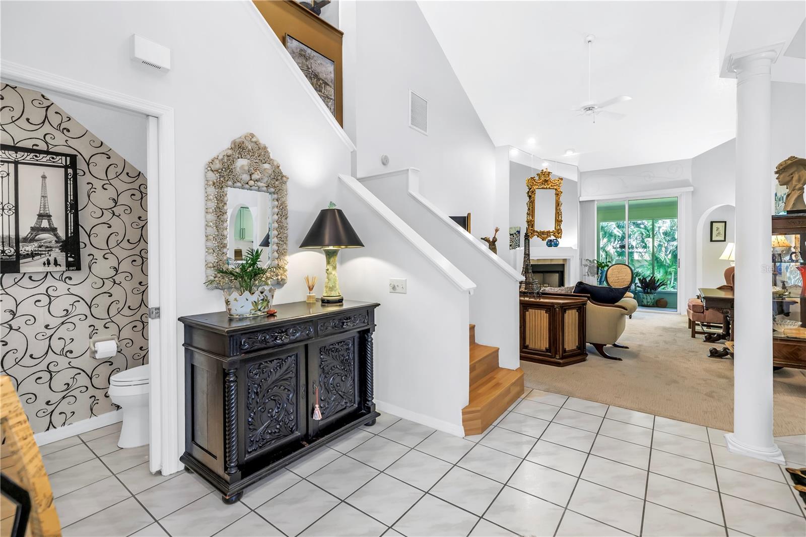 Powder Room, Open Vaulted Ceilings at the entry to the Living Space