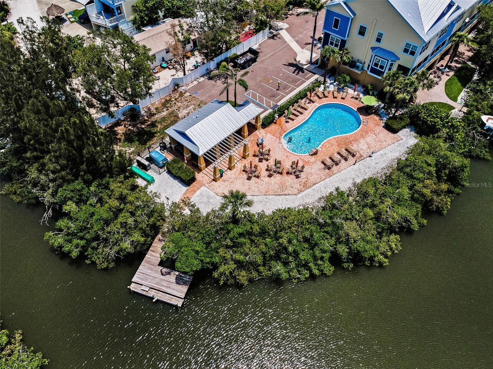 Aerial photo of the Community Pool, Patio and outdoor Kitchen