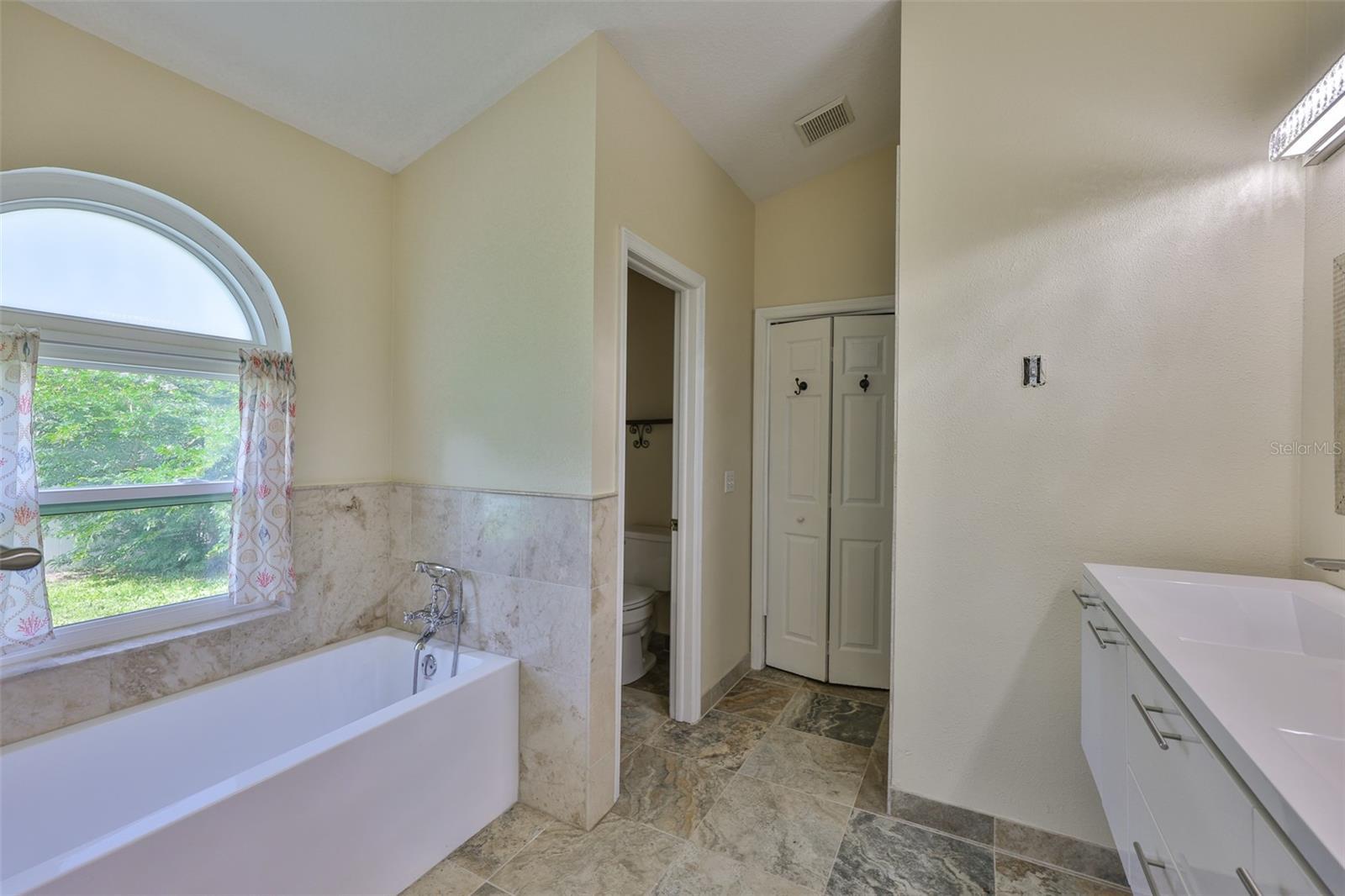 Primary bath, garden tub, stall shower, dual vanities, private commode, big walk-in closet